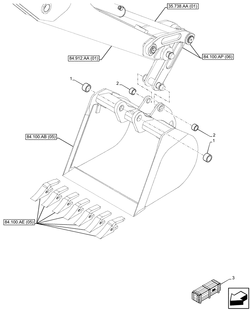 Схема запчастей Case 590SN - (84.100.AM[05]) - VAR - 423071 - BUCKET, UNIVERSAL 36INCH/914MM, BUSHING (84) - BOOMS, DIPPERS & BUCKETS