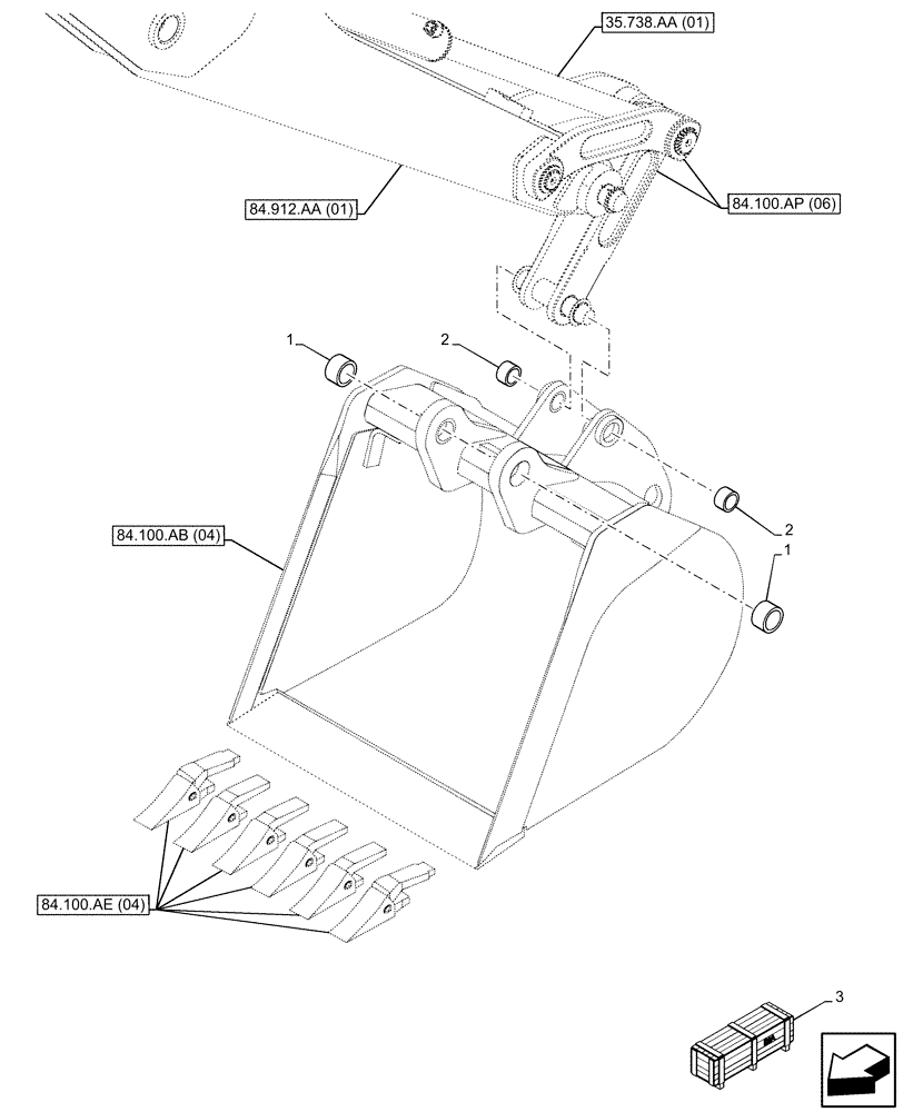 Схема запчастей Case 590SN - (84.100.AM[04]) - VAR - 423070 - BUCKET, UNIVERSAL 30INCH/762MM, BUSHING (84) - BOOMS, DIPPERS & BUCKETS