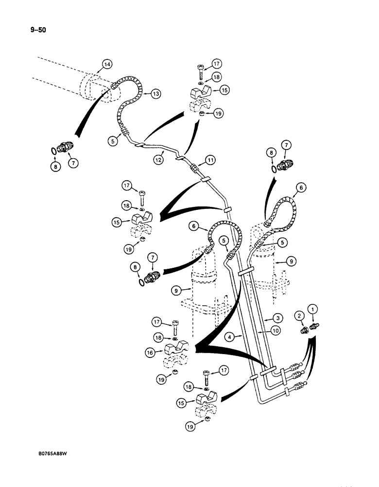 Схема запчастей Case 125B - (9-050) - BOOM LUBRICATION LINES, P.I.N. 74845 THROUGH 74963, 21801 THROUGH 21868, 26801 AND AFTER (09) - CHASSIS