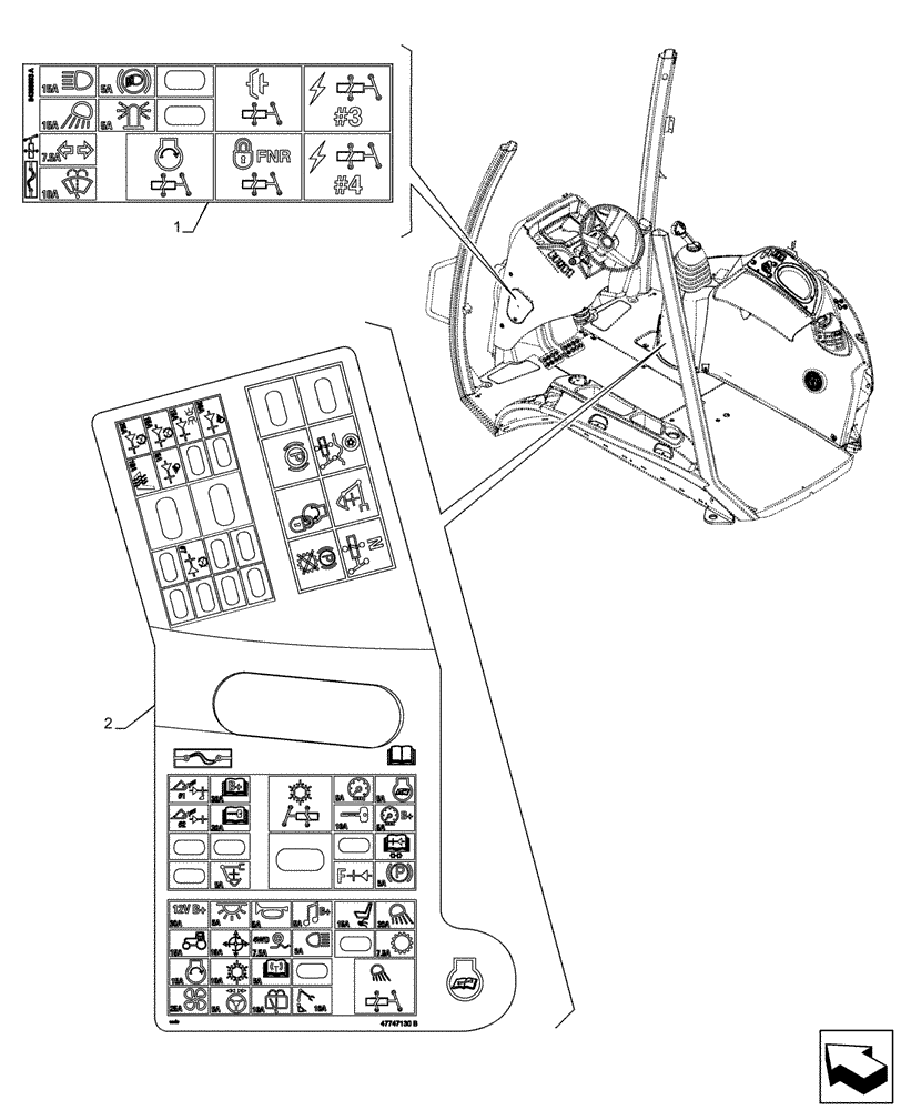 Схема запчастей Case 580SN - (90.108.AC[02]) - VAR - 423060, 423061, 423062 - RELAY, FUSE BOX, DECALS (90) - PLATFORM, CAB, BODYWORK AND DECALS