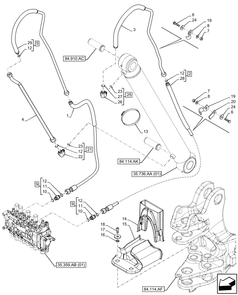 Схема запчастей Case 580N EP - (35.736.AC) - BACKHOE BOOM CYL. SECTION, LINE (35) - HYDRAULIC SYSTEMS