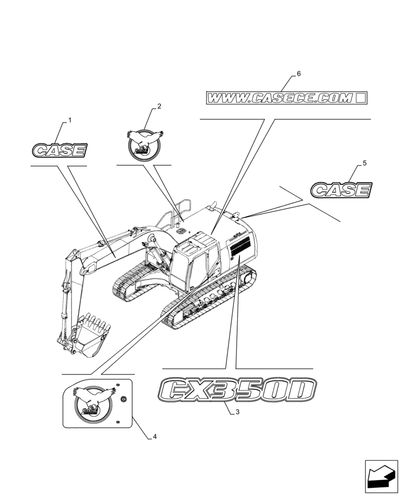 Схема запчастей Case CX350D LC - (90.108.AB[01]) - MODEL IDENTIFICATION DECAL (90) - PLATFORM, CAB, BODYWORK AND DECALS