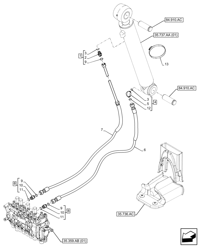 Схема запчастей Case 590SN - (35.737.AE) - DIPPER, CYLINDER, BOOM, LINE (35) - HYDRAULIC SYSTEMS