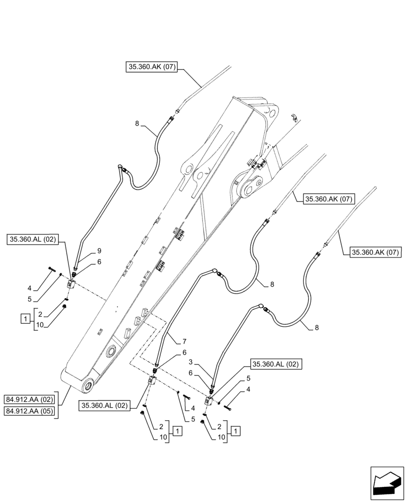 Схема запчастей Case CX350D LC - (35.360.AM[02]) - VAR - 461863 - ARM, LINE, CLAMSHELL BUCKET, ROTATION, W/ ELECTRICAL PROPORTIONAL CONTROL (ARM L=3.25M) (35) - HYDRAULIC SYSTEMS