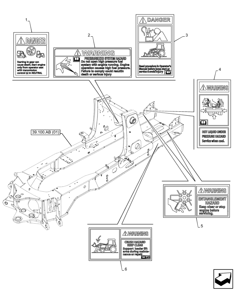 Схема запчастей Case 590SN - (90.108.AC[09]) - VAR - 747882, 747883 - WARNING DECAL, FRAME (90) - PLATFORM, CAB, BODYWORK AND DECALS