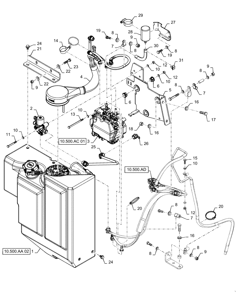 Схема запчастей Case 621F - (10.500.AA[01]) - DEF TANK INSTALLATION (10) - ENGINE