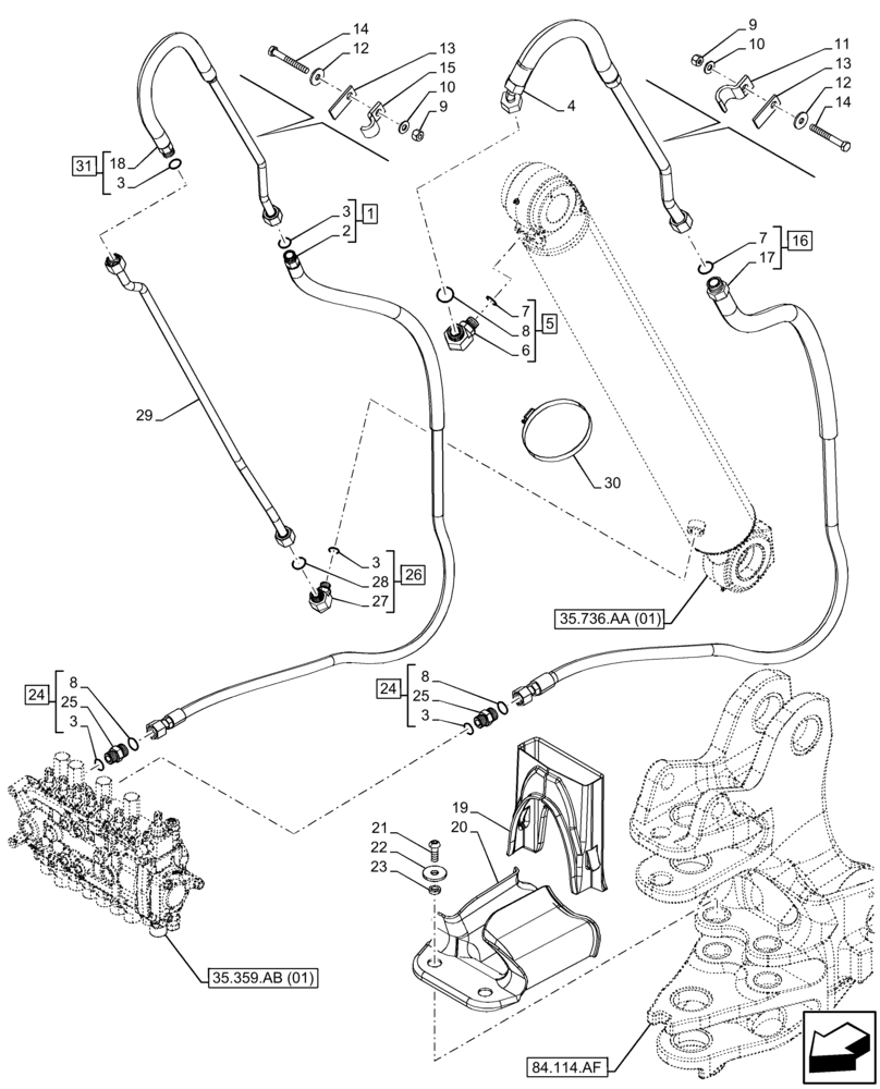 Схема запчастей Case 590SN - (35.736.AC) - BACKHOE BOOM CYL. SECTION, LINE (35) - HYDRAULIC SYSTEMS