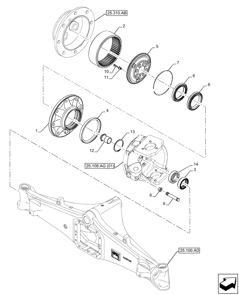 Схема запчастей Case 590SN - (25.108.AE[01]) - FRONT AXLE, STEERING KNUCKLE, 4WD (25) - FRONT AXLE SYSTEM