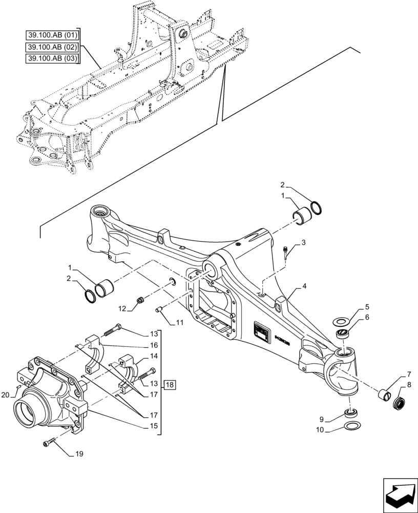 Схема запчастей Case 590SN - (25.100.AD) - FRONT AXLE, HOUSING, 4WD (25) - FRONT AXLE SYSTEM