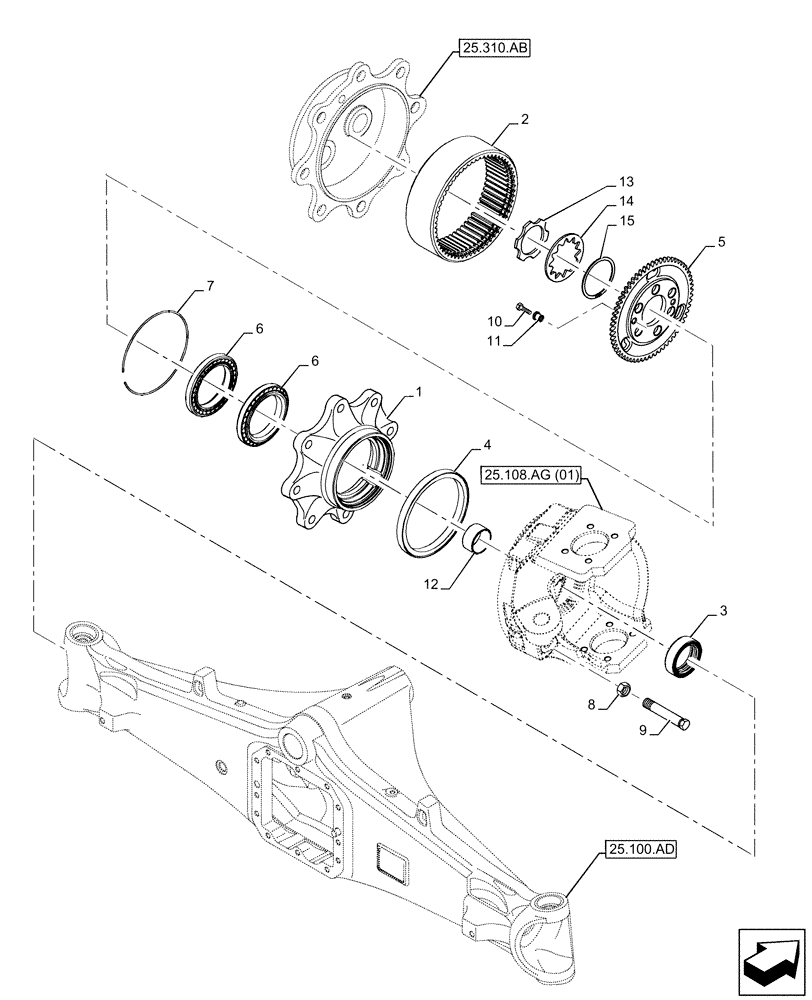 Схема запчастей Case 580N EP - (25.108.AE[01]) - FRONT AXLE, STEERING KNUCKLE, 4WD (25) - FRONT AXLE SYSTEM