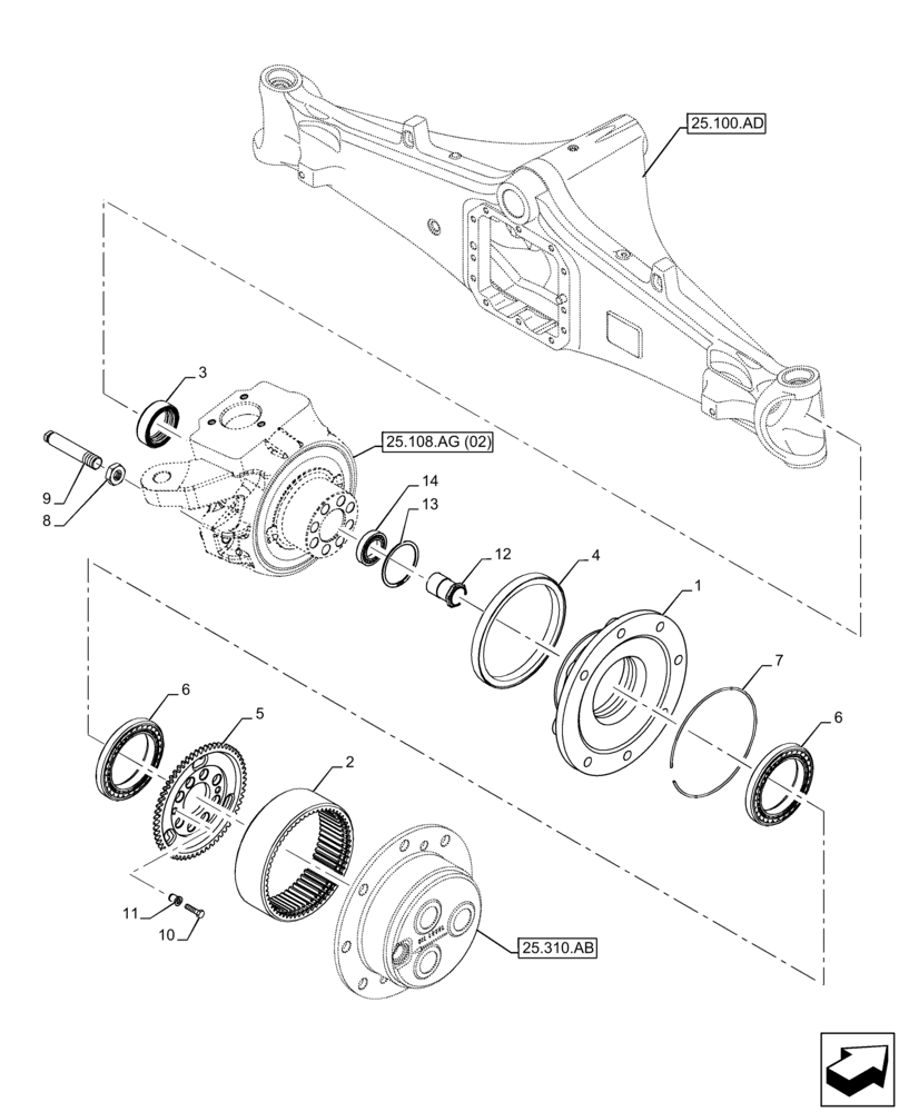 Схема запчастей Case 590SN - (25.108.AE[02]) - FRONT AXLE, STEERING KNUCKLE, 4WD (25) - FRONT AXLE SYSTEM