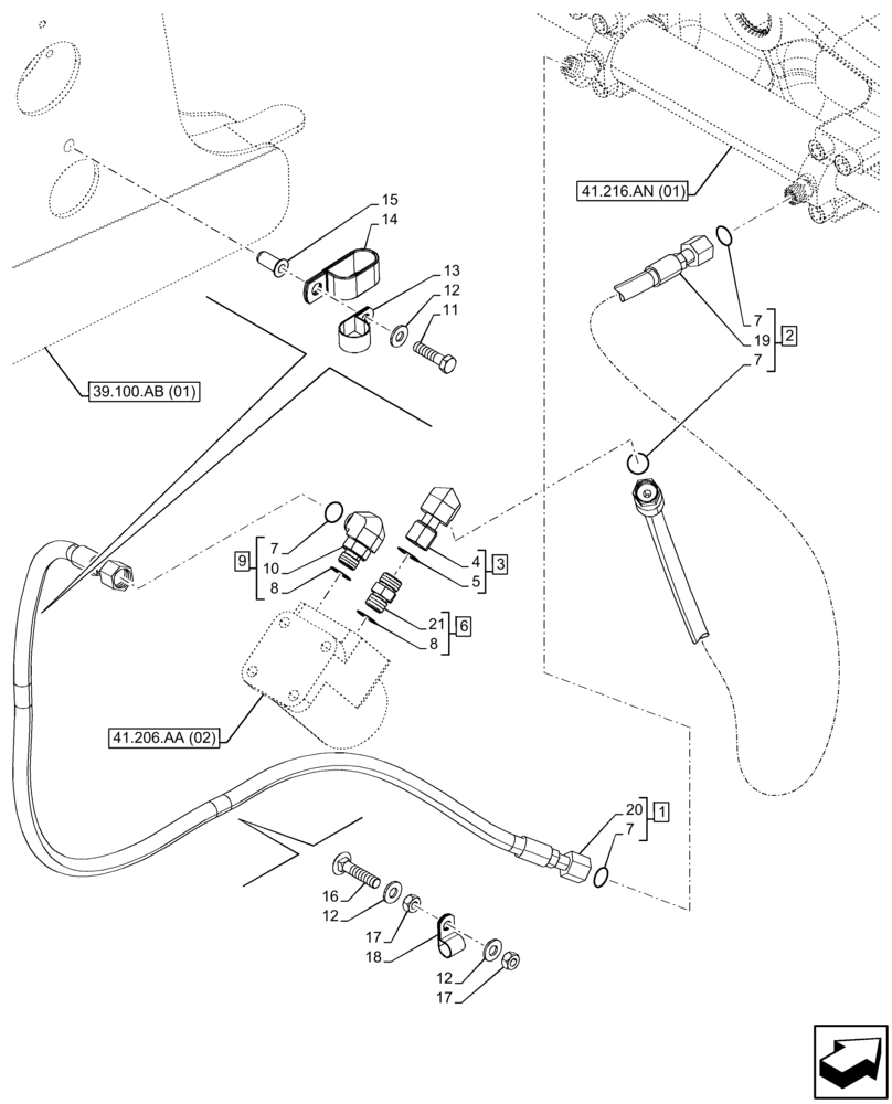 Схема запчастей Case 580SN - (41.216.AV) - STEERING CYLINDER HYD. LINE (41) - STEERING