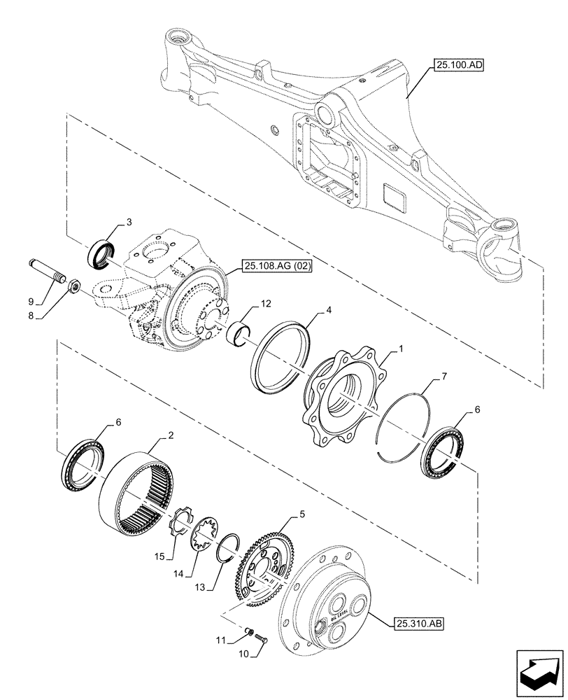 Схема запчастей Case 580N EP - (25.108.AE[02]) - FRONT AXLE, STEERING KNUCKLE, 4WD (25) - FRONT AXLE SYSTEM