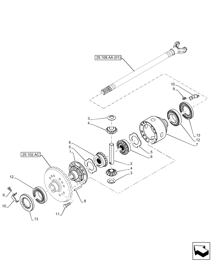 Схема запчастей Case 580N EP - (25.102.AD) - FRONT AXLE, DIFFERENTIAL GEAR, 4WD (25) - FRONT AXLE SYSTEM