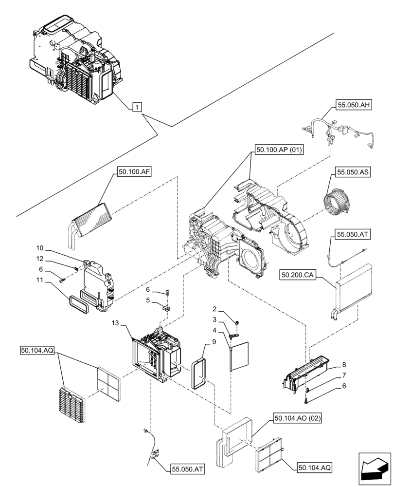 Схема запчастей Case CX210D LC LR - (50.100.AP[02]) - AIR CONDITIONING, W/ HEATER, COMPONENTS (50) - CAB CLIMATE CONTROL