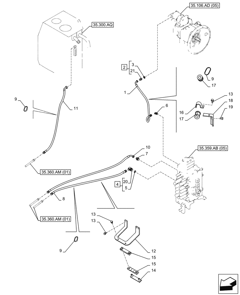 Схема запчастей Case CX350D LC - (35.360.AF[01]) - VAR - 461863 - HYDRAULIC LINE, CLAMSHELL BUCKET, ROTATION, W/ ELECTRICAL PROPORTIONAL CONTROL (35) - HYDRAULIC SYSTEMS