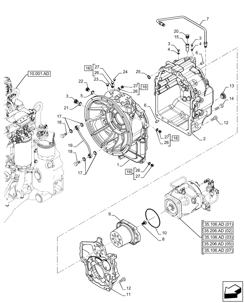 Схема запчастей Case 580SN - (21.112.AC[02]) - VAR - 423058 - TRANSMISSION, POWERSHUTTLE, HOUSING, 2WD (21) - TRANSMISSION