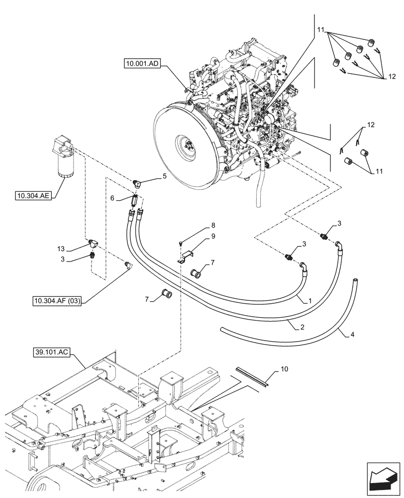 Схема запчастей Case CX250D LC LR - (10.304.AF[02]) - VAR - 488034 - ENGINE OIL FILTER, DRAIN LINE (10) - ENGINE