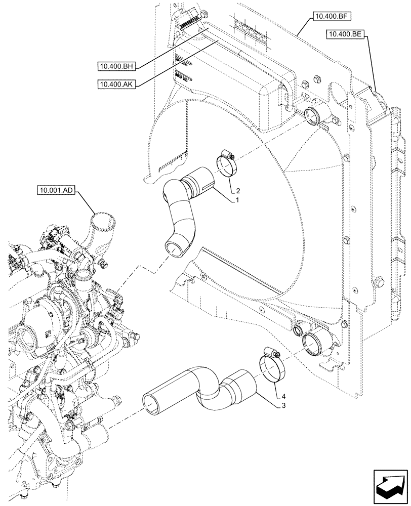 Схема запчастей Case 580N EP - (10.400.AY[01]) - VAR - 442082, 747853, 747854, 747855 - RADIATOR, HOSE (10) - ENGINE