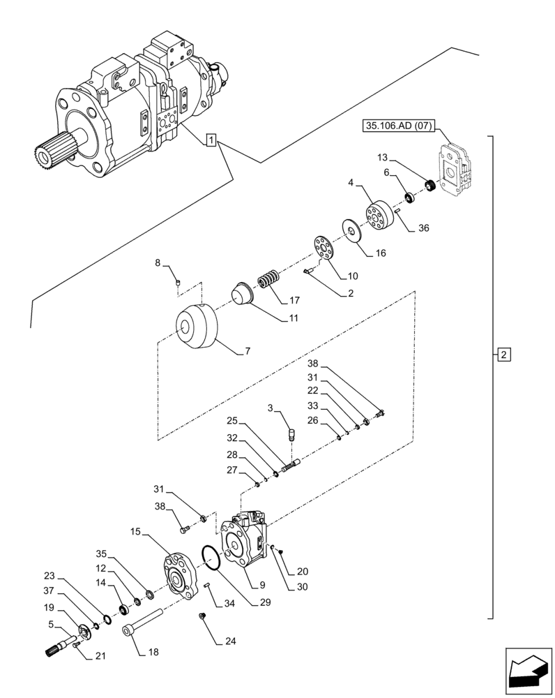 Схема запчастей Case CX300D LC - (35.106.AD[08]) - VAR - 461863 - VARIABLE DELIVERY HYDRAULIC PUMP, CLAMSHELL BUCKET, ROTATION, W/ELECTRICAL PROPORTIONAL, CONTROL, COMPONENTS (35) - HYDRAULIC SYSTEMS