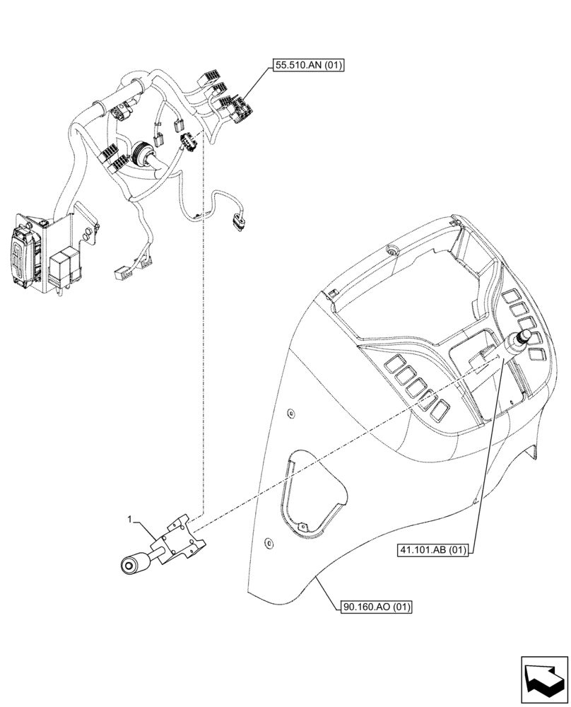 Схема запчастей Case 580SN WT - (55.513.AV[01]) - VAR - 423058, 423059 - TRANSMISSION, POWERSHUTTLE, GEAR, SWITCH (55) - ELECTRICAL SYSTEMS