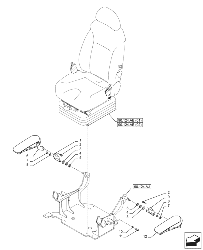 Схема запчастей Case CX350D LC - (90.124.AD) - VAR - 781277, 488035 - SEAT, AIR SUSPENSION, ARMREST (90) - PLATFORM, CAB, BODYWORK AND DECALS