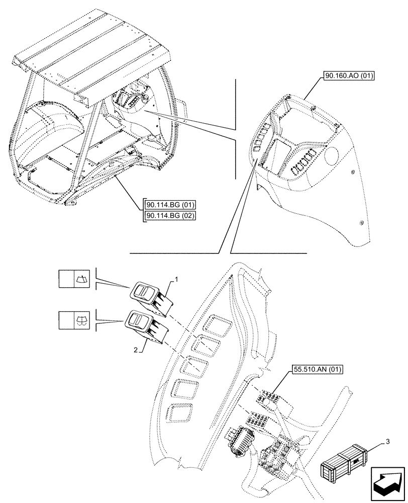 Схема запчастей Case 580N EP - (55.518.AY[01]) - VAR - 423000 - DELUXE, CANOPY, WIPER, SWITCH (55) - ELECTRICAL SYSTEMS