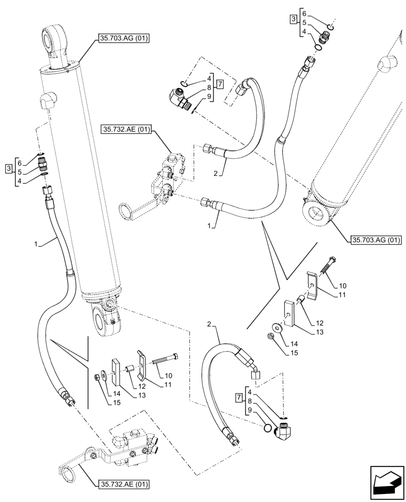 Схема запчастей Case 580N EP - (35.703.AD) - STABILIZER CYLINDER, HYDRAULIC LINE (35) - HYDRAULIC SYSTEMS