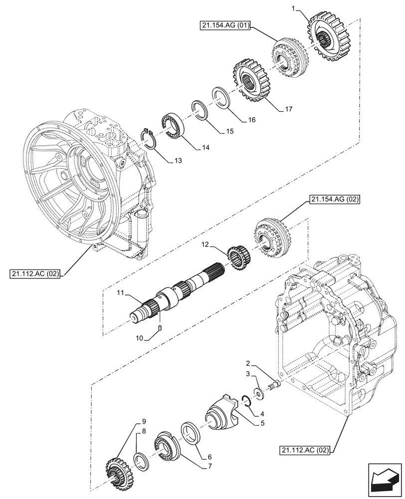 Схема запчастей Case 580N EP - (21.154.AJ[05]) - VAR - 423058 - TRANSMISSION, POWERSHUTTLE, DRIVE SHAFT, DRIVEN SHAFT, 2WD (21) - TRANSMISSION