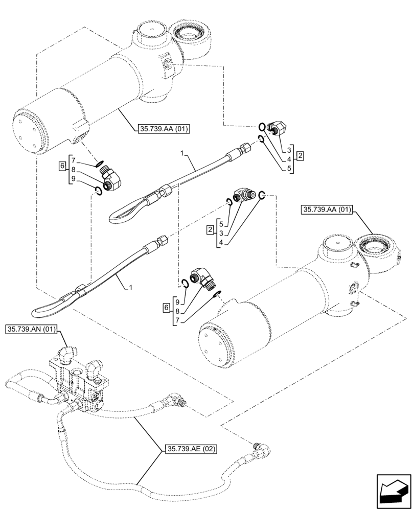 Схема запчастей Case 580N EP - (35.739.AE[01]) - BACKHOE ARM, SLEWING/SWING CYLINDER, LINES (35) - HYDRAULIC SYSTEMS