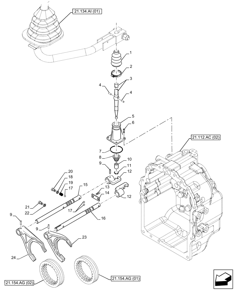 Схема запчастей Case 580N EP - (21.134.AH) - VAR - 423058 - TRANSMISSION, POWERSHUTTLE, CONTROL LEVER, 2WD (21) - TRANSMISSION