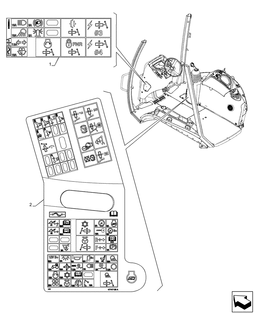 Схема запчастей Case 580SN - (90.108.AC[01]) - VAR - 423058, 423059 - RELAY, FUSE BOX, DECALS (90) - PLATFORM, CAB, BODYWORK AND DECALS