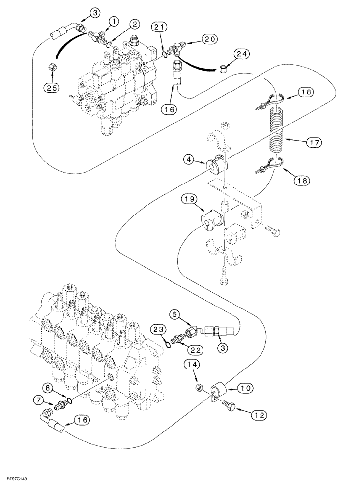 Схема запчастей Case 580SL - (8-038) - LOADER VALVE TO BACKHOE HYD CIRCUIT, MODELS WITH OR WITOUT EXTENDABLE DIPPER, W/OUT AUXILIARY HYDS (08) - HYDRAULICS