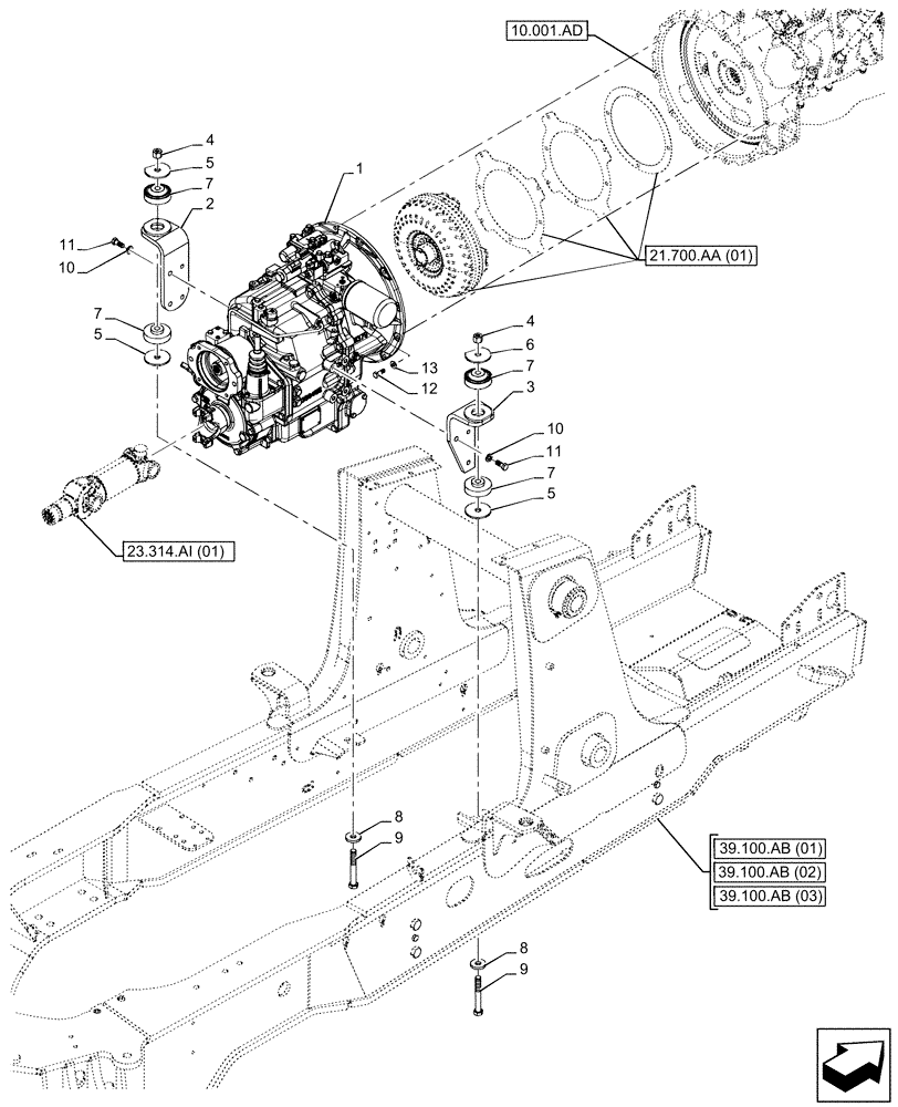 Схема запчастей Case 590SN - (21.112.AC[01]) - VAR - 423058 - TRANSMISSION, POWERSHUTTLE, 2WD (21) - TRANSMISSION