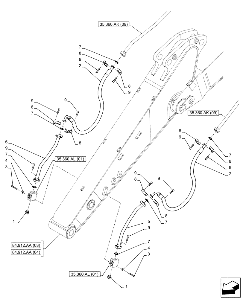 Схема запчастей Case CX350D LC - (35.360.AK[05]) - VAR - 461561, 461563, 461865, 461869, 461871 - ARM, LINE, HAMMER, SHEARS, HIGH FLOW (ARM L=2.65M) (35) - HYDRAULIC SYSTEMS