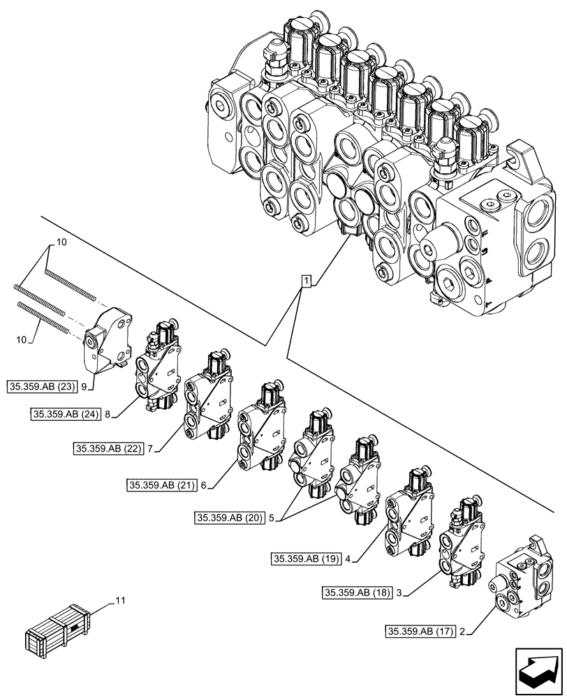 Схема запчастей Case 580SN - (35.359.AB[14]) - BACKHOE CONTROL VALVE, 8-SPOOL, COMPONENTS, STANDARD DIPPER, W/ PILOT CONTROLS (35) - HYDRAULIC SYSTEMS