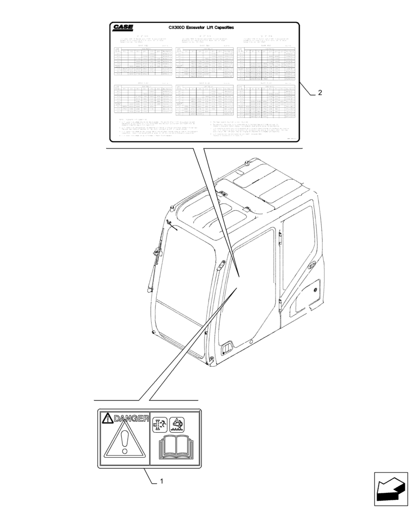 Схема запчастей Case CX300D LC - (90.108.AC[07]) - WARNING DECAL (90) - PLATFORM, CAB, BODYWORK AND DECALS