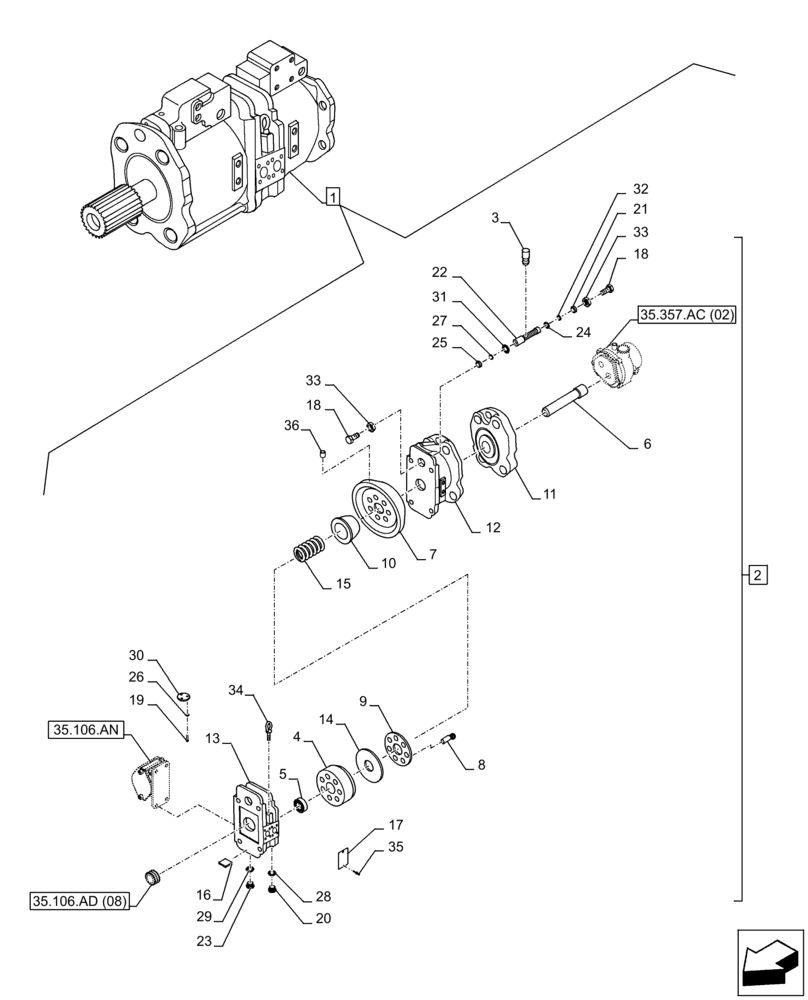 Схема запчастей Case CX300D LC - (35.106.AD[07]) - VAR - 461863 - VARIABLE DELIVERY HYDRAULIC PUMP, CLAMSHELL BUCKET, ROTATION, W/ELECTRICAL PROPORTIONAL, CONTROL, COMPONENTS (35) - HYDRAULIC SYSTEMS