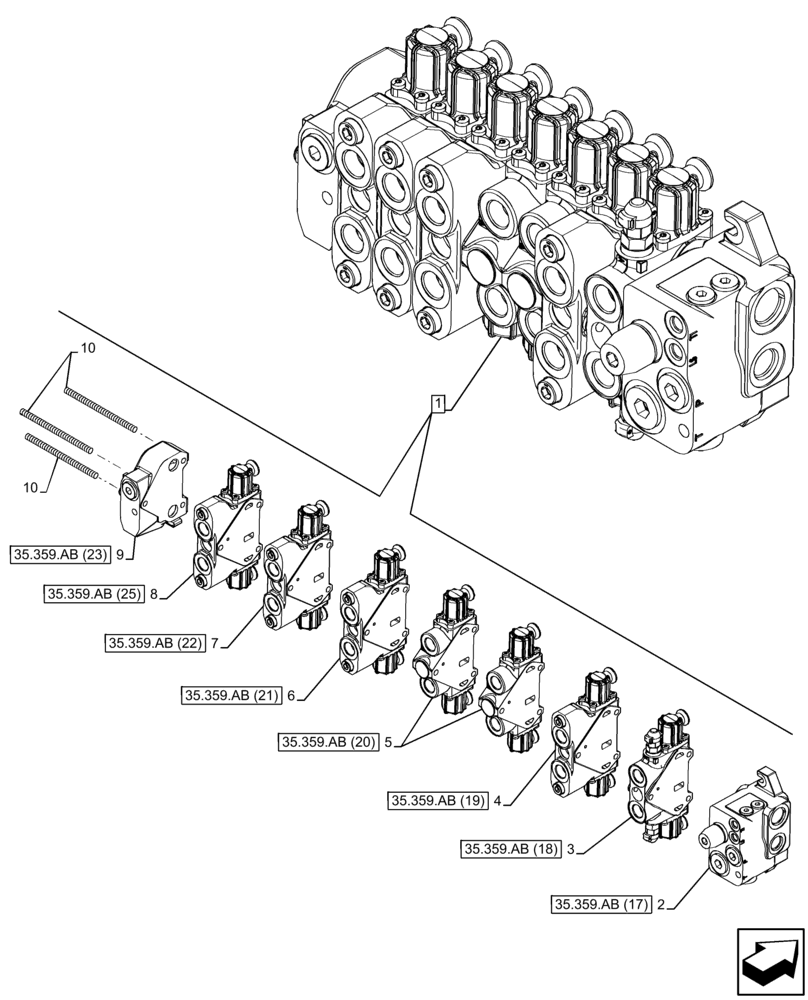 Схема запчастей Case 590SN - (35.359.AB[15]) - BACKHOE CONTROL VALVE, 7-SPOOL, COMPONENTS, EXTENDABLE DIPPER, W/ PILOT CONTROLS (35) - HYDRAULIC SYSTEMS