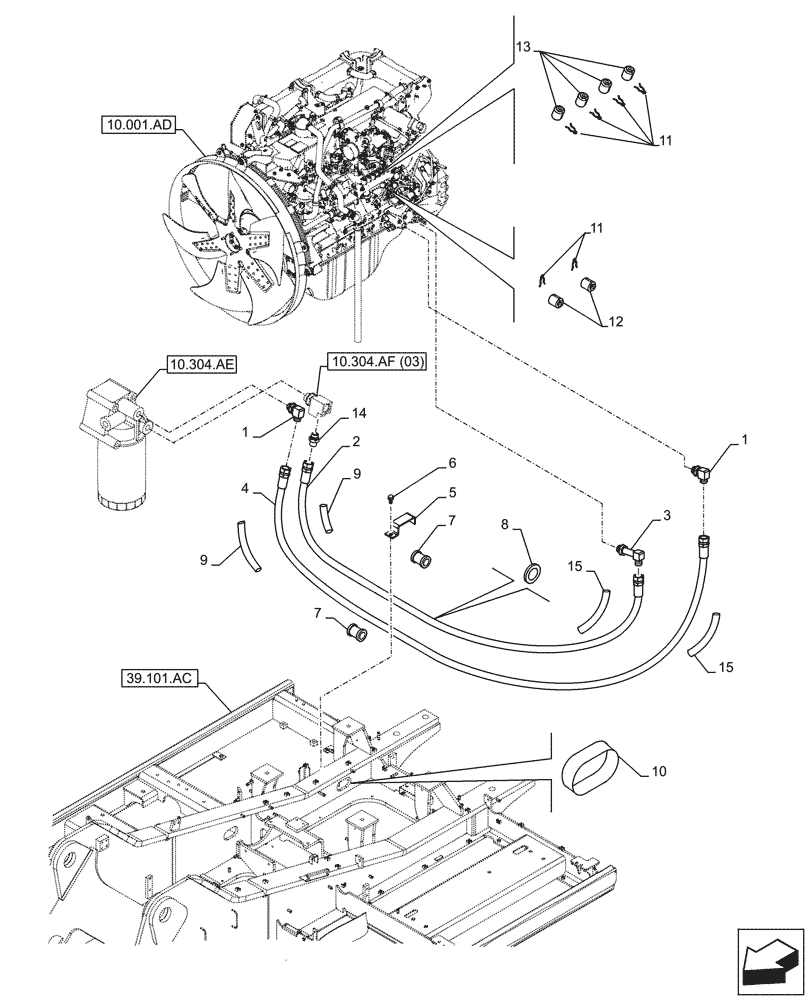 Схема запчастей Case CX300D LC - (10.304.AF[02]) - VAR - 488034 - ENGINE OIL FILTER, DRAIN LINE (10) - ENGINE