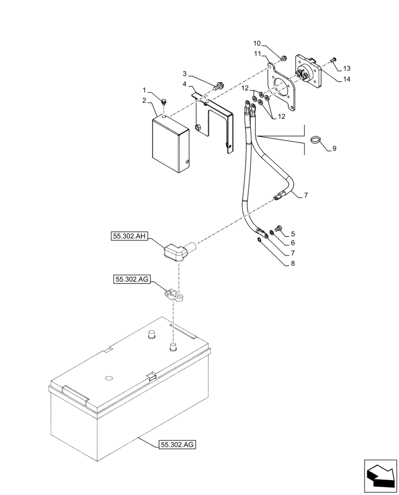 Схема запчастей Case CX350D LC - (55.302.AI[01]) - BATTERY ISOLATOR, SWITCH - BSN - NGS7P1157 (55) - ELECTRICAL SYSTEMS