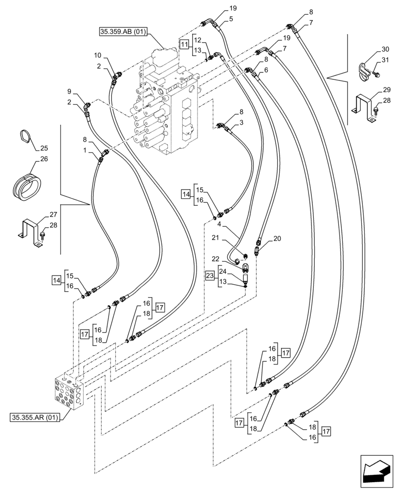 Схема запчастей Case CX350D LC - (35.355.AC[02]) - STD + VAR - 461558 - JOYSTICK, HYDRAULIC LINE, CONTROL VALVE, CONTROL PATTERN SELECTION (35) - HYDRAULIC SYSTEMS