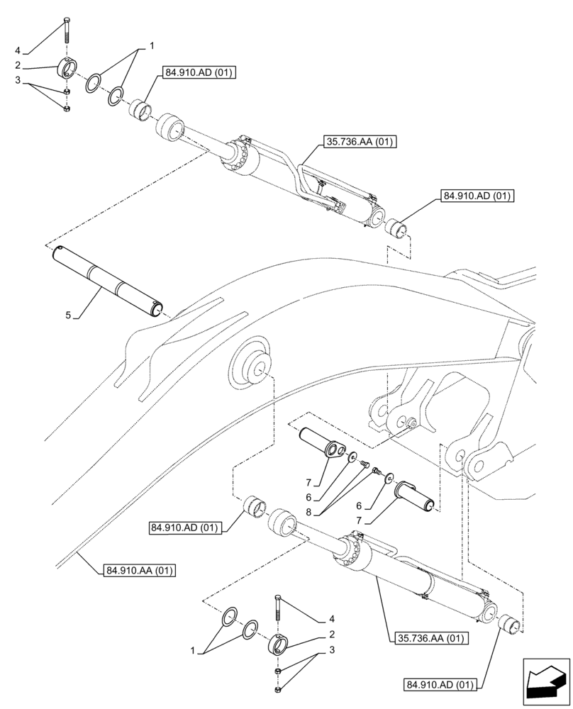 Схема запчастей Case CX350D LC - (84.910.AC[01]) - VAR - 461543, 481858 - BOOM, LIFT CYLINDER, PIN, HEAVY DUTY (84) - BOOMS, DIPPERS & BUCKETS