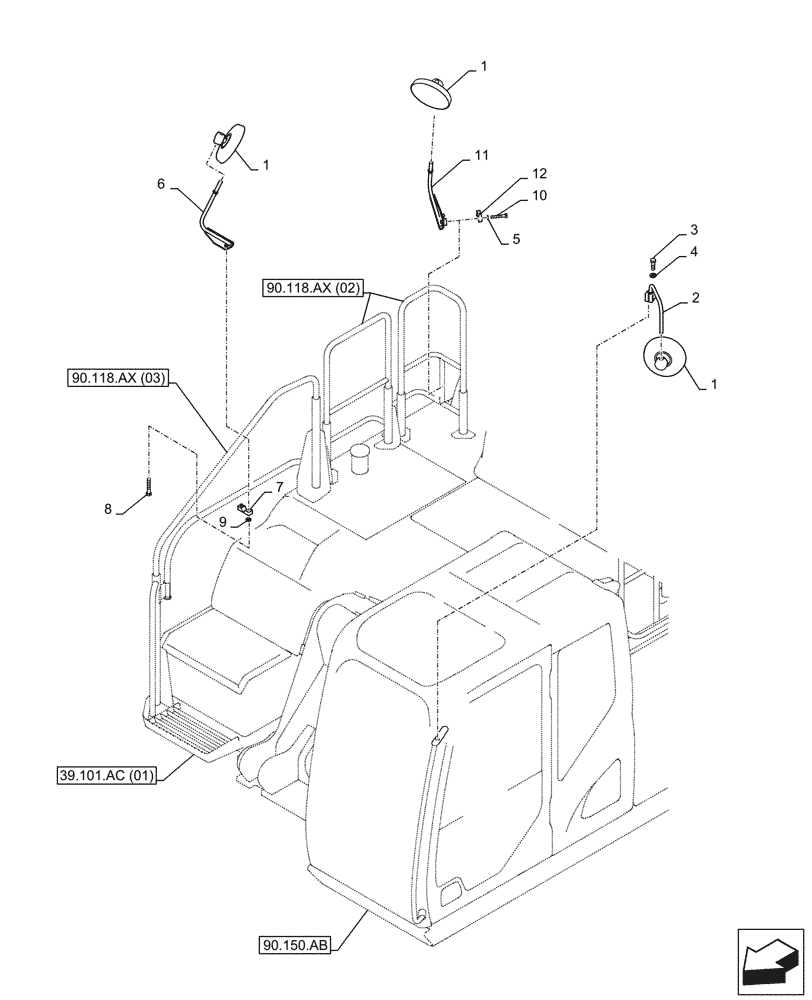 Схема запчастей Case CX350D LC - (90.118.BM) - REAR VIEW MIRROR (90) - PLATFORM, CAB, BODYWORK AND DECALS