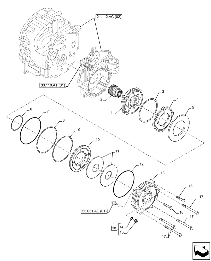 Схема запчастей Case 580SN WT - (33.110.AV[01]) - VAR - 423058, 423059, 423060, 423061 - TRANSMISSION, POWERSHUTTLE, SEMI-POWERSHIFT, PARKING BRAKE, DISC (33) - BRAKES & CONTROLS