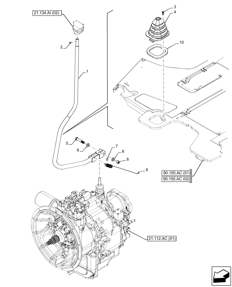 Схема запчастей Case 580N EP - (21.134.AI[01]) - VAR - 423058 - TRANSMISSION, POWERSHUTTLE, CONTROL LEVER, RANGE, 2WD (21) - TRANSMISSION