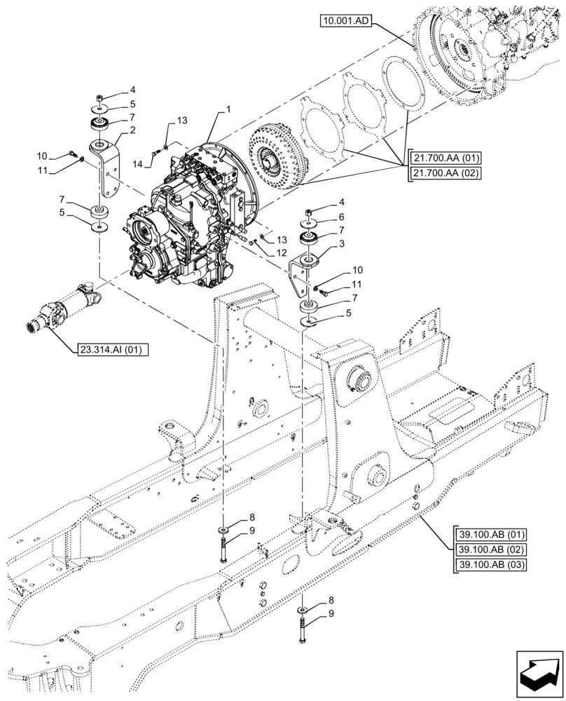 Схема запчастей Case 590SN - (21.111.AC[01]) - VAR - 423060 - TRANSMISSION, SEMI-POWERSHIFT, SUPPORT, 2WD (21) - TRANSMISSION