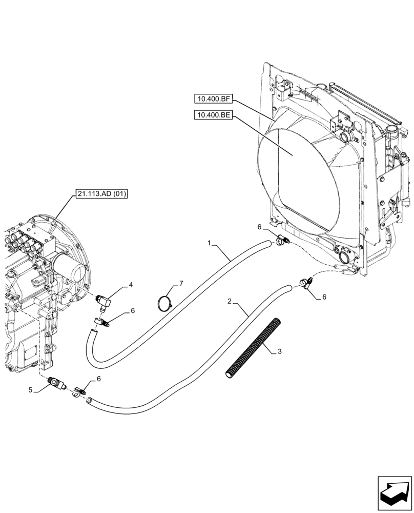 Схема запчастей Case 590SN - (21.105.AQ) - VAR - 423062 - TRANSMISSION, POWERSHIFT, OIL COOLER LINE, 4WD (21) - TRANSMISSION