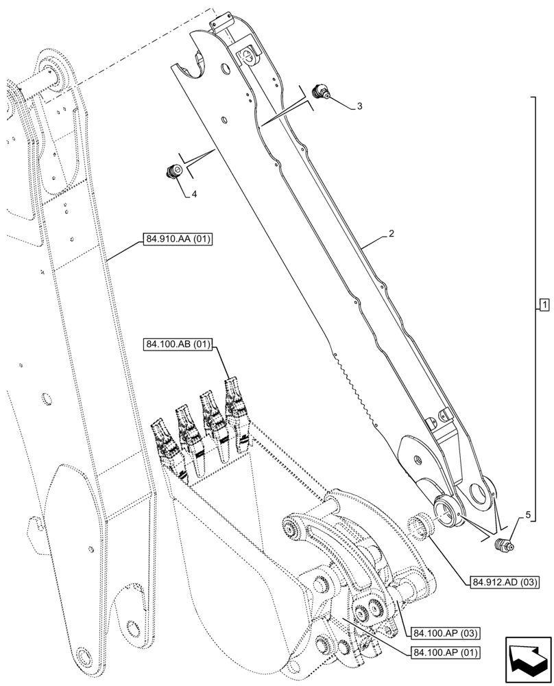 Схема запчастей Case 590SN - (84.912.AC[01]) - EXTENDABLE DIPPER, HYDRAULIC COUPLER, BACKHOE ARM (84) - BOOMS, DIPPERS & BUCKETS