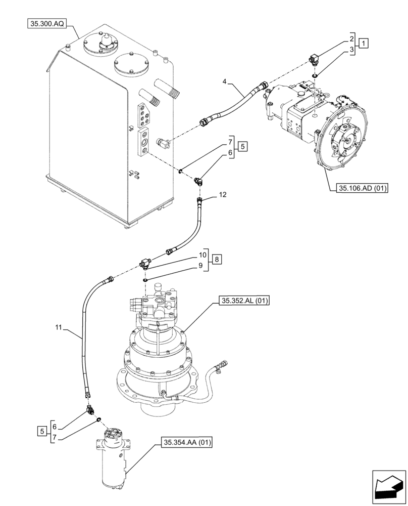 Схема запчастей Case CX210D LC - (35.352.AI[02]) - MOTO-REDUCTION GEAR, LINES (35) - HYDRAULIC SYSTEMS